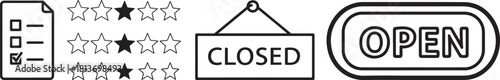 Set of Icons: Checklist, Star Ratings, Closed Sign, Open Sign