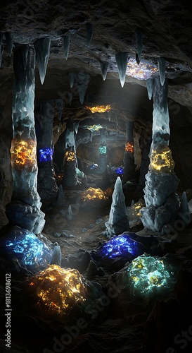 Mysterious glowing cave interior with stalactites and colorful minerals