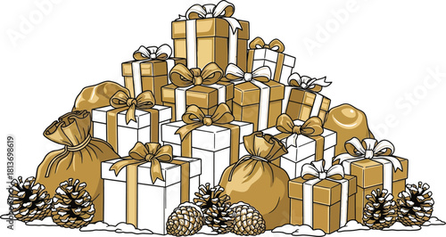 Celebrate the holidays with a stunning pile of festive wrapped gifts and sacks of presents professional minimalist vector line artwork