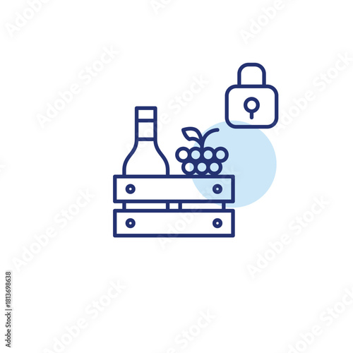Wine bottle, grapes and lock. Restricted alcohol distribution. Protected farming. Pixel perfect, editable stroke vector icon