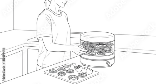 Woman Preparing Citrus Slices for Dehydration in Kitchen Line Art Illustration