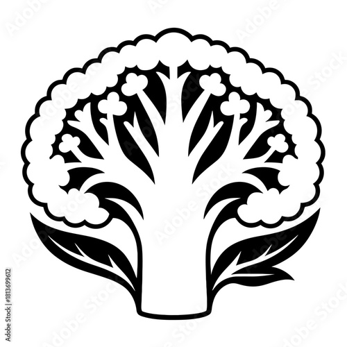 Black stylized broccoli cauliflower icon. Minimalist vector illustration on dark. Ideal graphic for healthy food, vegan, vegetarian branding, nutrition apps, culinary sites, organic products