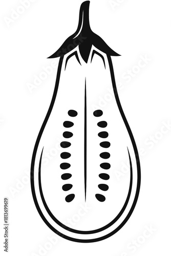 Minimalist dark grey eggplant illustration, precisely cut in half to showcase internal seeds. This stylized vector graphic is perfect for healthy food concepts, botanical art, organic produce