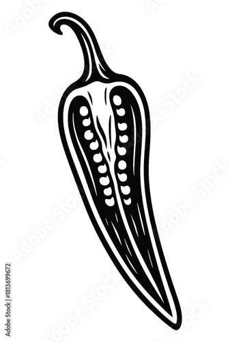 A striking, minimalist vector illustration of a dark chili pepper, cut lengthwise to reveal intricate seed details, set against a subtle gray gradient background.
