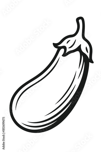 Sleek, minimalist, and subtly glowing outline illustration of a fresh eggplant or aubergine set against a deep black background. This elegant vector graphic is ideal for healthy cooking apps