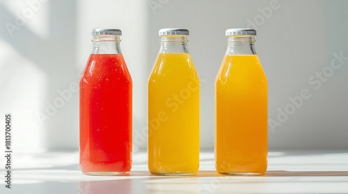 Three glass bottles filled with colorful fruit juices in natural light