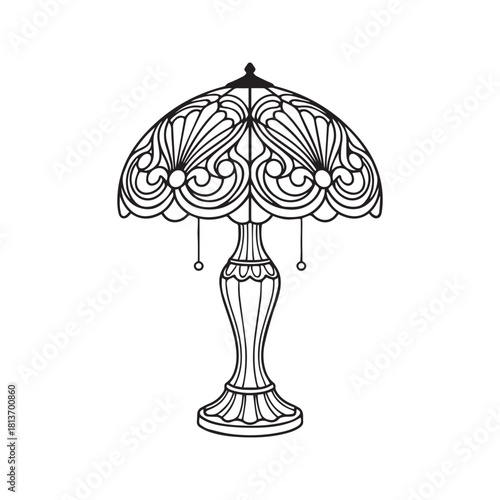 Vintage Tiffany style table lamp vector illustration. Hand drawn antique stained glass light fixture outline. Retro interior home decor design sketch.
