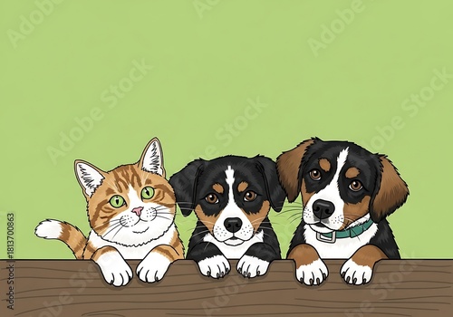 Three cheerful cartoon pets cat and two dogs peering over a wooden surface