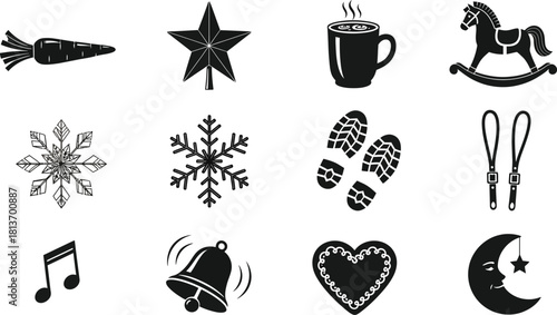 Collection of twelve black and winter holiday and christmas icons including carrot, star, mug, rocking horse, snowflake, footprint, ski binding, music note, bell, heart, and moon