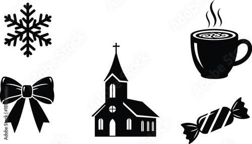 Collection of black and holiday icons including a snowflake, church, bow, hot drink, and candy