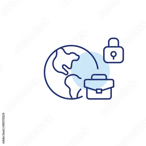 Briefcase, lock and Earth. Safe investment, protected international capital. Pixel perfect, editable stroke vector icon