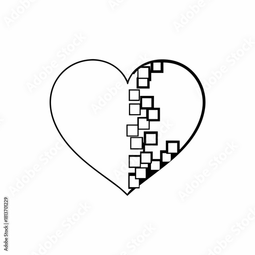 Heart shape with a line of squares inside on the right side in black and white simple vector art created with generative ai