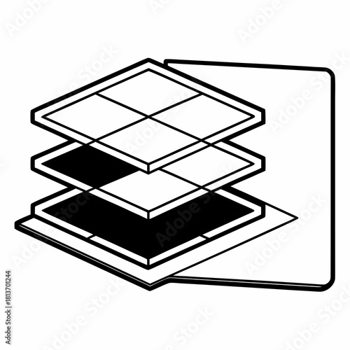 Layered diagram of square shapes with black and white fills in an isometric projection drawing style created with generative ai