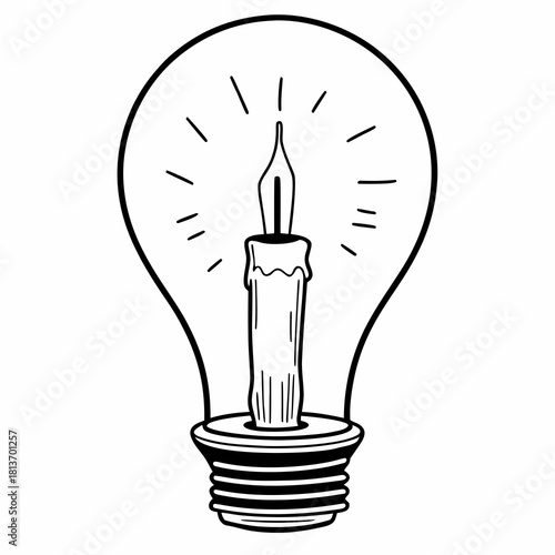 Illustration of a lightbulb containing a lit candle with radiating light lines in black and white style created with generative ai