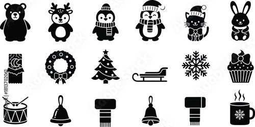Collection of cute black and winter holiday and christmas icon set with animal character and festive object