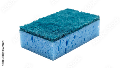 A blue rectangular sponge with a green abrasive pad on top, oriented diagonally, casting a shadow to the right on white