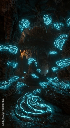 Mysterious glowing formations in dark cave environment with blue illumination