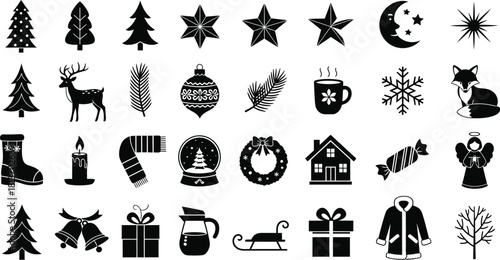 Collection of black and holiday and winter icons including christmas tree, star, reindeer, snowflake, and house for seasonal design
