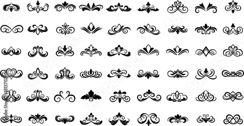 A grid of decorative black flourishes and ornamental designs set against a white background