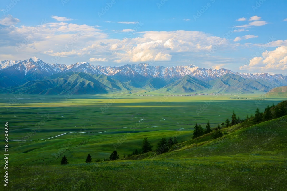 Fototapeta premium Beautiful mountain landscape scenic view green valley and snow peaks sky