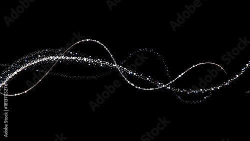 Against a black background, luminous silver lines intertwine with pearlescent and neon reflections and shimmers, creating a dynamic contrast.