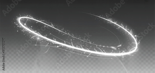 Glowing white light trail vector effect with sparkling particles creating an elliptical swirl on a transparent background