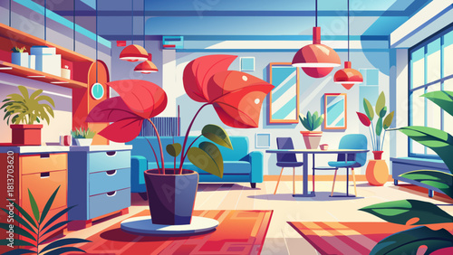 Very beautiful indoor elegance scene featuring a vibrant red anthurium placed in a modern living room, showcasing clean contemporary décor, soft natural lighting, and a refined balance of botanical co