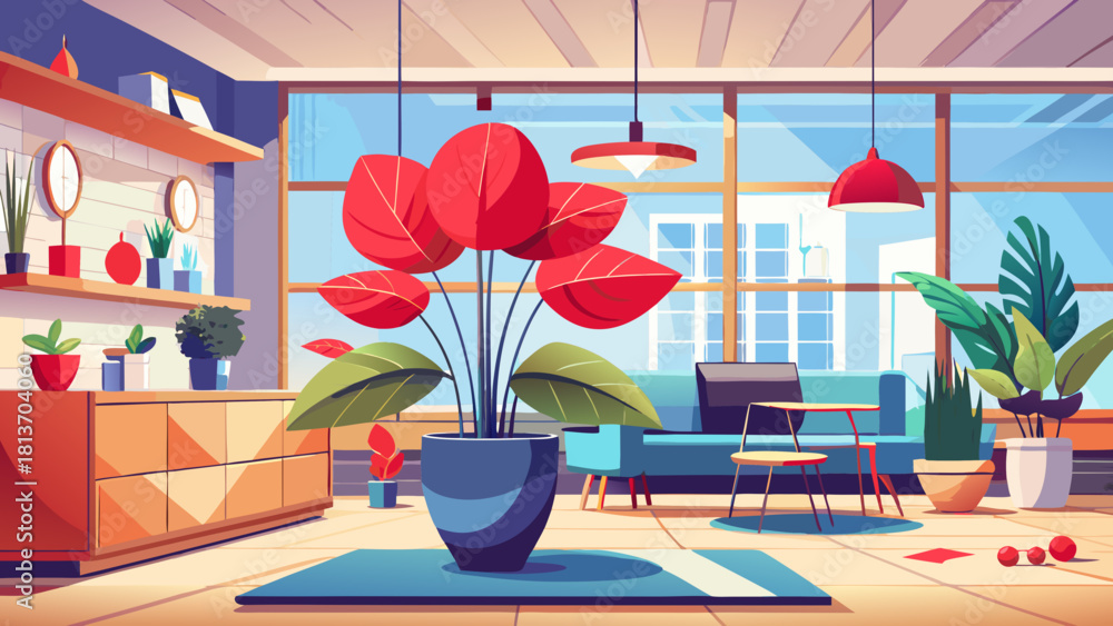 Fototapeta premium Very beautiful indoor elegance scene featuring a vibrant red anthurium placed in a modern living room, showcasing clean contemporary décor, soft natural lighting, and a refined balance of botanical co