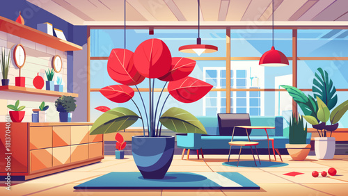Very beautiful indoor elegance scene featuring a vibrant red anthurium placed in a modern living room, showcasing clean contemporary décor, soft natural lighting, and a refined balance of botanical co
