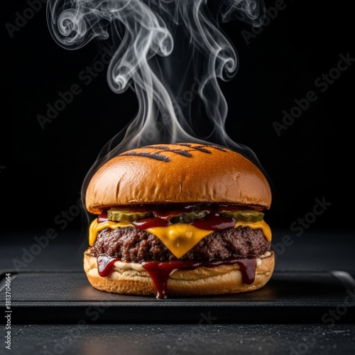 Smoked beef burger with rising smoke. Black background.