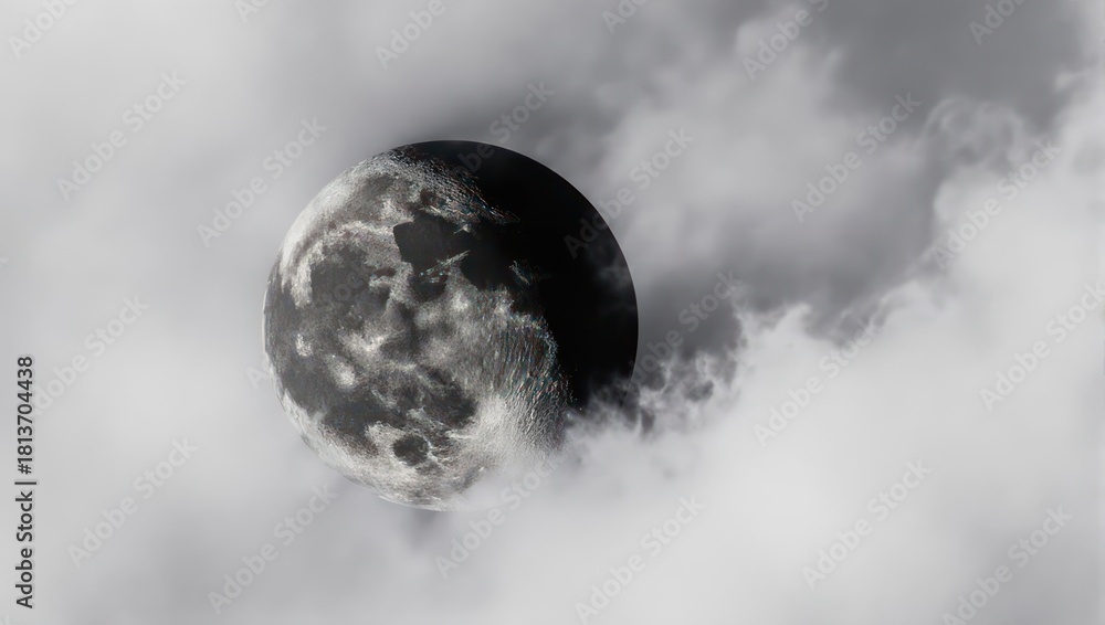 Fototapeta premium Mysterious Full Moon Partially Obscured by Wispy Clouds in a Black and White Sky.