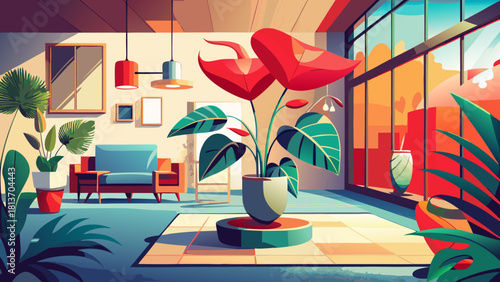 Very beautiful indoor elegance scene featuring a vibrant red anthurium placed in a modern living room, showcasing clean contemporary décor, soft natural lighting, and a refined balance of botanical co