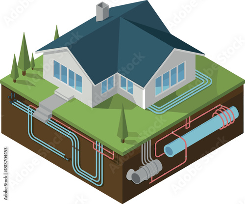 House Plumbing System Isometric Vector Illustration — Water Supply and Drainage Concept
