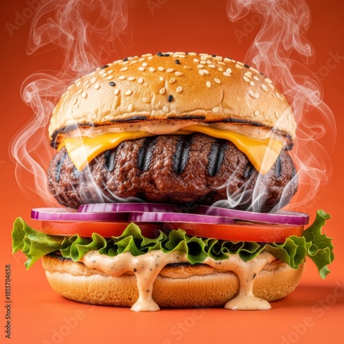 Smoked beef burger with rising smoke. Orange background.