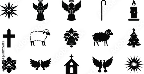 Collection of black and christian and christmas religious icons and symbols