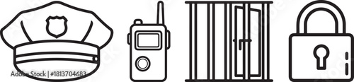 Line Art Icons of Police Cap, Radio, Jail Bars, and Padlock