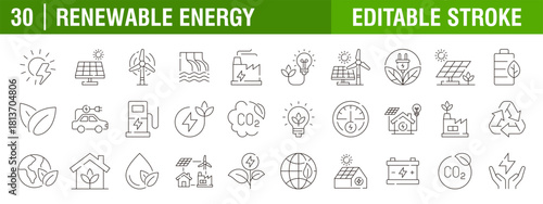 Collection of renewable energy icons. Green, eco, solar, electric. Vector design template, signs, symbols, editable stroke.