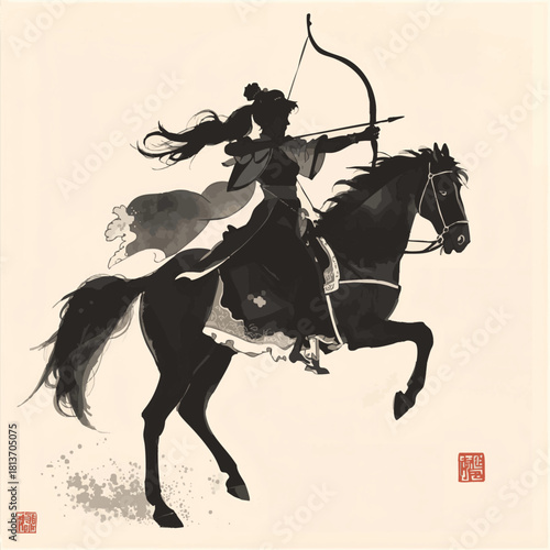 Yabusame black sumi-e silhouette of a beautiful woman