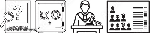Outline Line Art Icons: Investigation, Security, Justice, and Law Enforcement