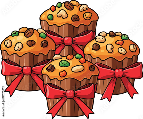 A cartoon illustration of a fruitcake with yellow icing and colorful sprinkles on a white background.