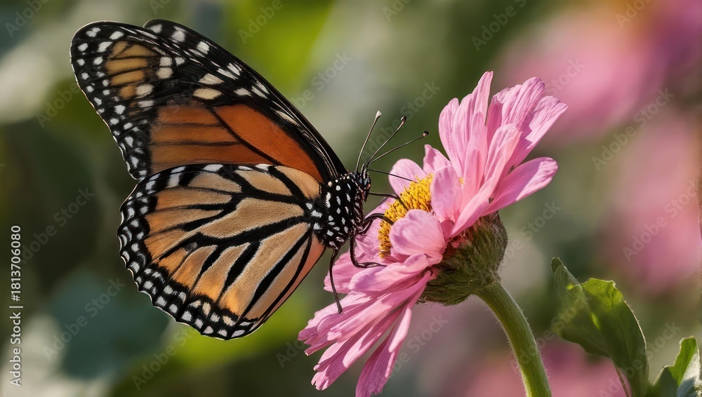 Fototapeta premium Monarch butterfly gracefully perched on a vibrant pink flower, natures beauty.