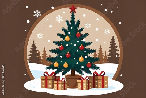 Decorative Christmas Tree with Gifts on a Snowy Backdrop