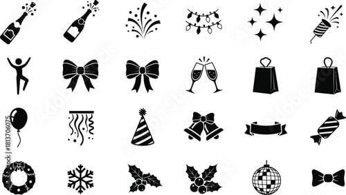 Collection of black and silhouette icons representing party, celebration, holiday, and festive elements like champagne, bow, balloon, and gift