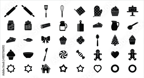 Collection of black and baking and cooking icons including rolling pin, spatula, whisk, oven mitt, cupcake, cake stand, jar, pitcher, and gingerbread man