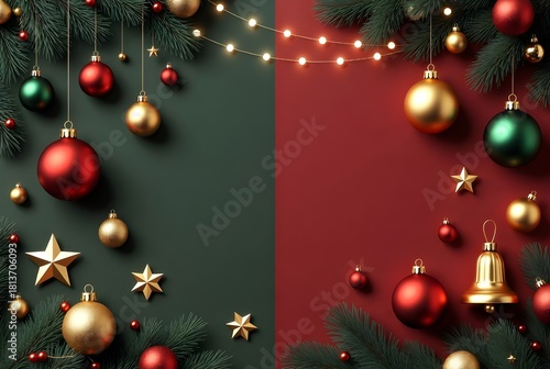 Christmas Ornaments and Pine Garland on Red and Green Background