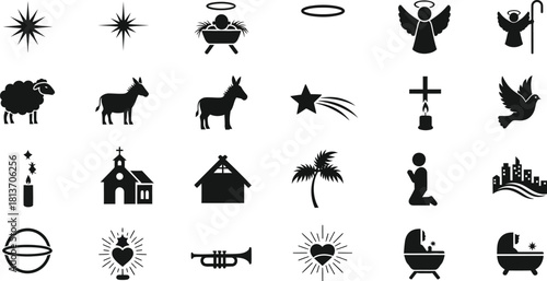 Collection of black silhouette icons representing elements of nativity story and christian holiday symbols