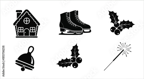 Collection of black and winter holiday icons including a gingerbread house, ice skates, holly, bell, and sparkler
