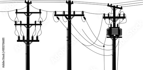 Silhouette of three utility poles with transformers and insulators, electric distribution system, rural power infrastructure, overhead cable network