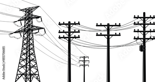 Silhouette of transmission tower and utility poles, electric infrastructure illustration, rural power distribution, transformer and insulator network scene