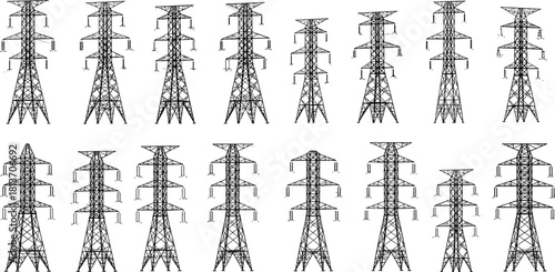 Silhouette grid of transmission towers, electric infrastructure variations, high voltage power line structures, energy distribution engineering illustration